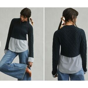 Maeve Hybrid Mixed Media Cable Knit Layered Sweater